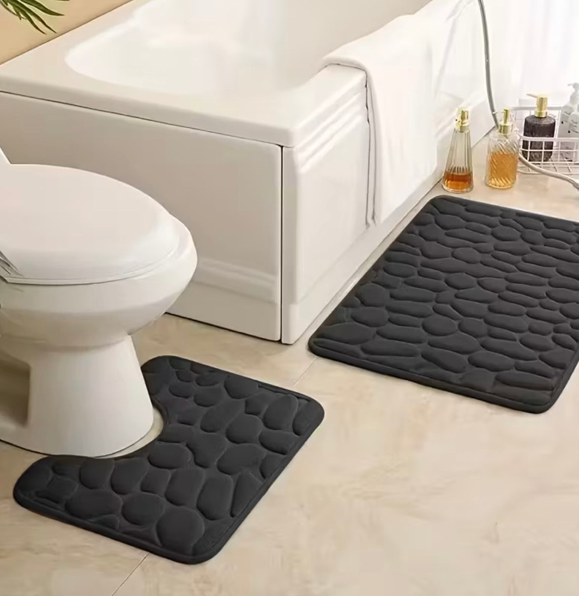 Badkamermat  voor douch en toilet, wasbaar, zwart/grijs/donkergrijs, set van 2 stuks.