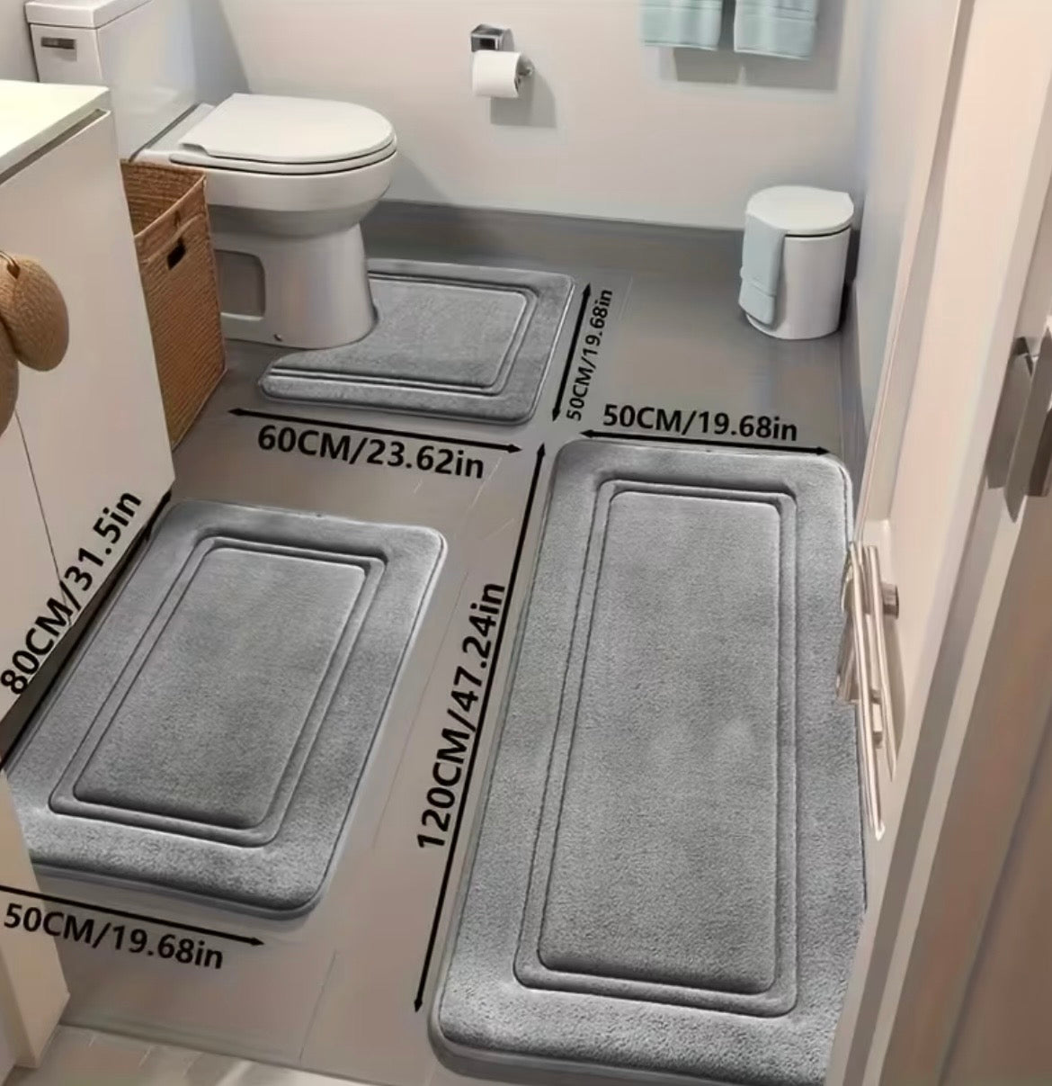 Douchemat set 3 stuks, zwart/donker grijs/grijs, toilet, douch.