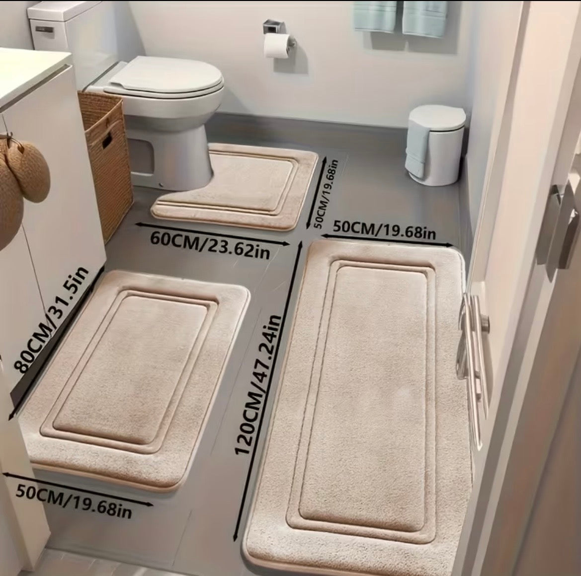 Douchemat set 3 stuks, zwart/donker grijs/grijs, toilet, douch.