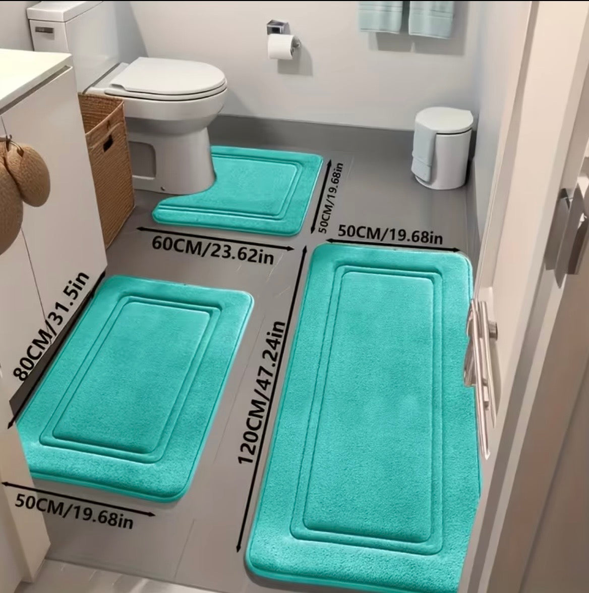 Douchemat set 3 stuks, zwart/donker grijs/grijs, toilet, douch.