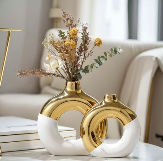 Keramische Vazen, set van 2 stuks, wit/goud of zwart/goud.